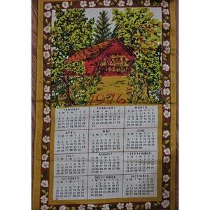 Linen Cotton Kitchen 1976 Calendar Tea Dish Towel Fall Farm Barn 27 in Long